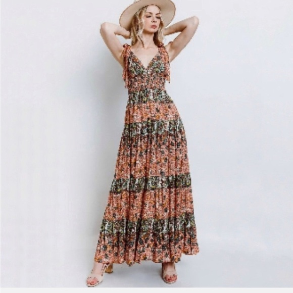 Free People Let’s Smock About It Boho Tiered Mixed Print Maxi Dress Size Small - Picture 13 of 14